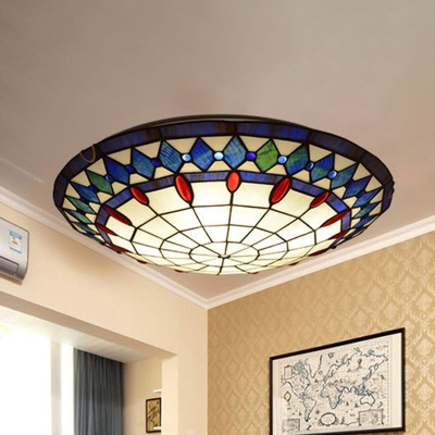 Geometric Domed Flush Mount Light Tiffany Traditional Art Glass Ceiling Lamp for Dining Room