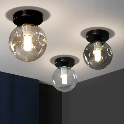 Minimalist Ball Glass Ceiling Lamp 6 Inchs Wide Single-Bulb with Round Canopy in Black