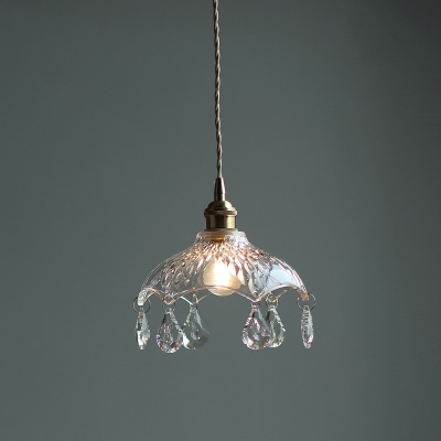 Modern Hanging Light with Textured Glass Shade Single Light Pendant Lamp in Polished Brass with Teardrop Shaped Crystal