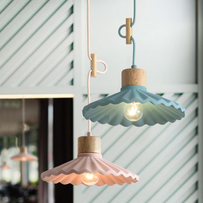 Scalloped Pendant Lighting Postmodern Cement 1 Light Wooden Suspension Lamp for Bedside