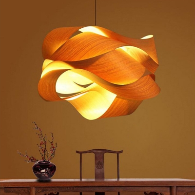 Twist Hanging Lamp Chinese Wood 1 Head Suspended Lighting Fixture in Yellow for Dining Room
