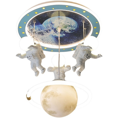Astronaut Metal Pendant Lighting Kids 4 Light Blue Ceiling Suspension Lamp with Ball Milk Glass Shade
