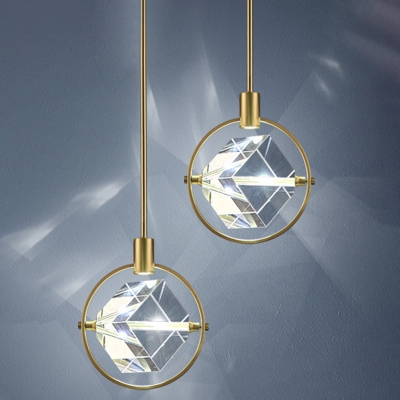 Clear Crystal Square Pendant Light Kitchen Bathroom 8 Inchs Wide with Golden Ring Traditional Hanging Light