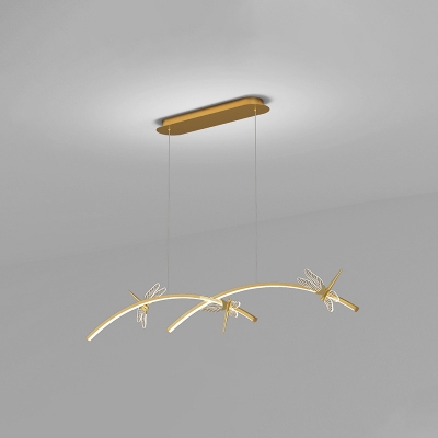 Metal 2-Curve Shaped Hanging Island Light Simple Style LED Ceiling Suspension Lamp with Dragonfly