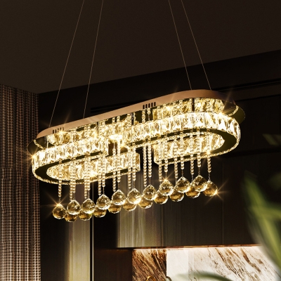 Rectangular LED Island Pendant Modern Opulent Crystal Dining Room Hanging Light in Stainless-Steel