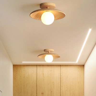 Saucer and Ball Flush Mount Fixture Simple White Glass 1-Light Corridor Ceiling Light in Wood