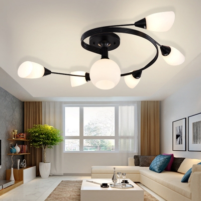 Swirl Semi Flush Mount Light Modern 13 Inchs Height White Glass Bedroom Ceiling Lamp in Black