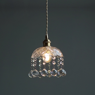 Vintage Hanging Light with Textured Glass Shade Single Light Pendant Lamp in Polished Brass with Teardrop Shaped Crystal
