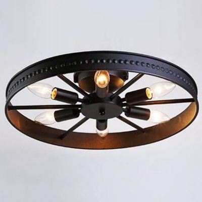 Basket Metal Shade Industrial Style Ceiling Light with 6 Light Metal Ceiling Mount Semi Flush for Restaurant