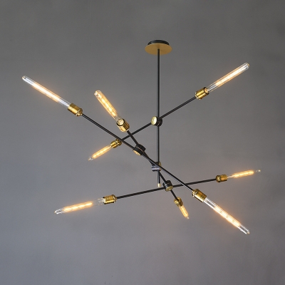 Black Iron Crossed Line Pendant Light Farmhouse Restaurant Chandelier with Open Bulb Design