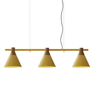 Macaron 3 Lights Island Pendant Wood Cone Hanging Lamp with Metal Shade