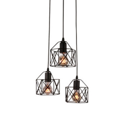 Metal Wire Frame Pendant Light Dining Table 3 Lights Rustic Style Hanging Light in Black