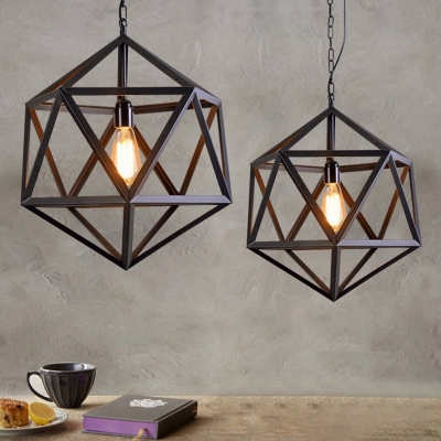 Star Of David Cage Suspension Industrial 1 Light Pendant Light in Black Finished with 39.5 Inchs Height Adjustable Chain