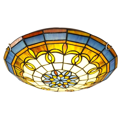 Tiffany Traditional Ceiling Mount Light Bowl Shade Stained Glass Flush Ceiling Light for Living Room in Blue
