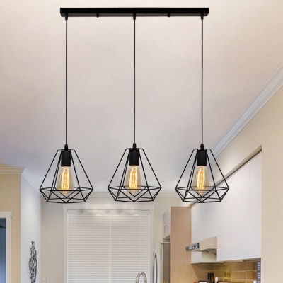 Black Industrial Vintage Pendants 3 Lights with 39.5 Inchs Height Adjustable Multi Light Pendant with Metal Cage