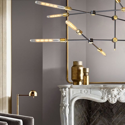 Black Iron Crossed Line Pendant Light Farmhouse Restaurant Chandelier with Open Bulb Design