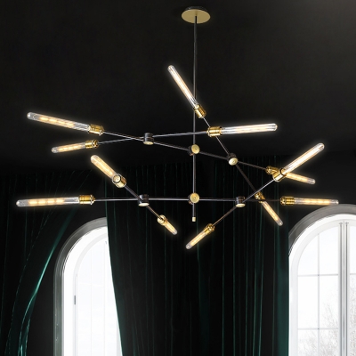 Black Iron Crossed Line Pendant Light Farmhouse Restaurant Chandelier with Open Bulb Design