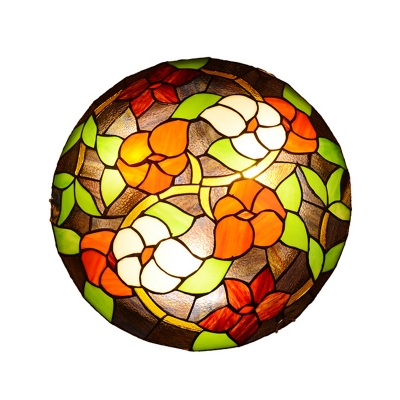 Black Rustic Tiffany Floral Ceiling Fixture Stained Glass Flush Ceiling Light for Balcony Corridor