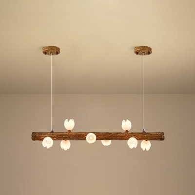 Brown Linear Hanging Light Fixture Nordic Wood Island Pendant with Ball Ivory Glass Shade