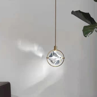 Clear Crystal Square Pendant Light Kitchen Bathroom 1 Head with Golden Ring Traditional Hanging Light