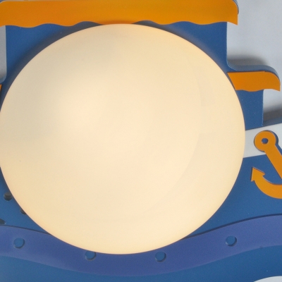 Kids Bedroom Ball Glass Shade LED Wall Sconce Wood Cartoon Ship Backplate 1-Head Wall Lamp