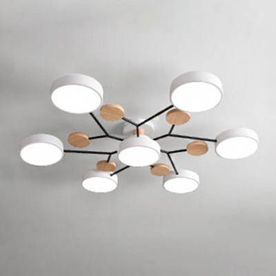 Nordic Sputnik LED Ceiling Lamp Acrylic Bedroom Semi Flush Mount Light Fixture with Wood Decor