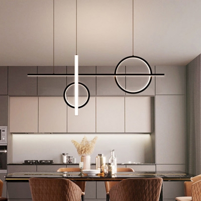 Ring and Bar Shaped Island Lighting Minimalist Metal LED Hanging Light for Dining Room in 3 Colors Light