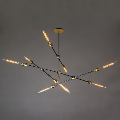 Black Iron Crossed Line Pendant Light Farmhouse Restaurant Chandelier with Open Bulb Design