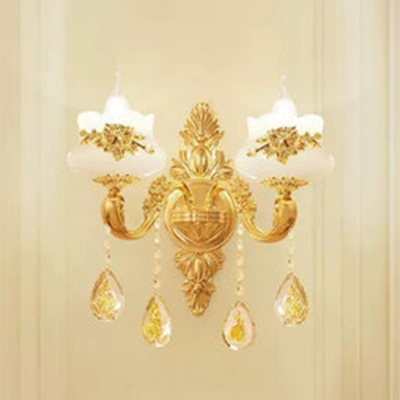 Candle Dining Room Chandelier Lamp Traditional Faux Jade 1/2/15-Head Gold Wall Light with Crystal Deco