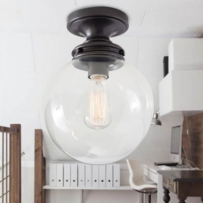 Clear Glass Schoolhouse Flush Mount Vintage Simple 1 Light Mini Ceiling Light in Black Finish