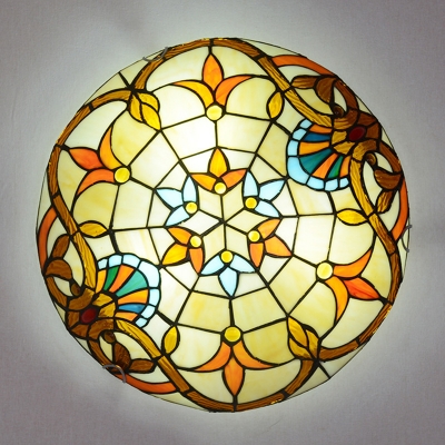 Tiffany Victorian Domed Flush Mount Light Stained Glass Flush Ceiling Light in Brown for Bedroom