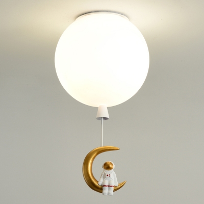 Astronaut Cartoon Ceiling Fixture White Balloon Flush Mount Light with Cream Glass Shade for Nursery