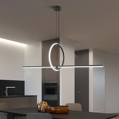 Black Ring and Bar Shaped Island Lighting Minimalist Metal LED Hanging Light for Dining Room