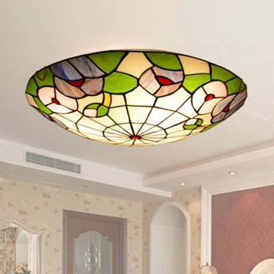 Child Bedroom Flower Leaf Ceiling Light Stained Glass Rustic Tiffany Flush Mount Light in Green