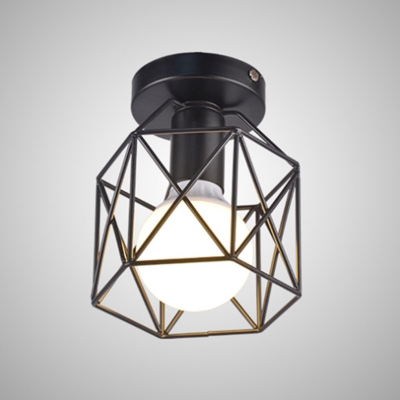 Farmhouse Hexagon Semi Flush Mount Light Iron 1 Bulb Indoor Ceiling Lamp with Wire Cage Shade in Black
