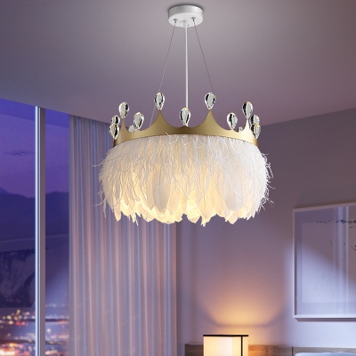 Nordic 1 Light Suspension Pendant White Drum Ceiling Hang Lamp with Feather Shade and Crown