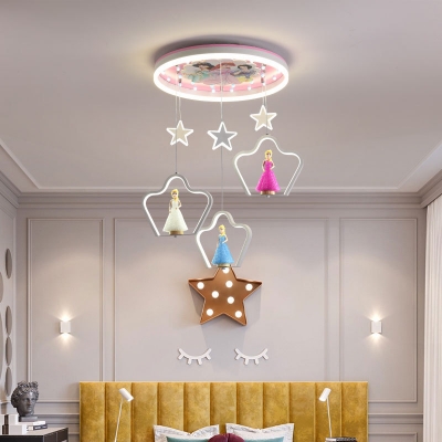 Princess Cluster Pendant Cartoon Resin 19 Inchs Wide Girl's Bedroom Hanging Lamp