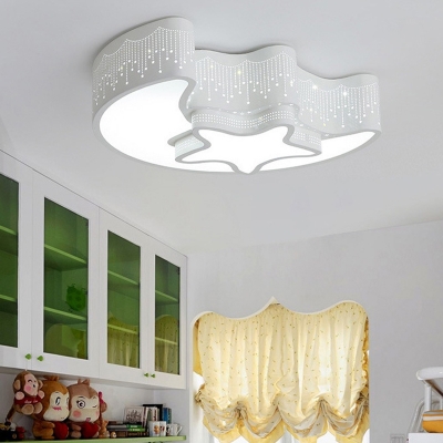 Starry Sky Metal Flushmount Ceiling Light Star-Moon Form White Kids Bedroom LED 2-Light Ceiling Fixture