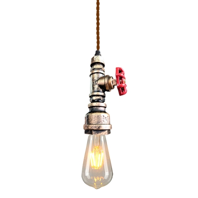 Bare Bulb Design Iron Pendant Light 1 Bulb 3 Inchs Wide Dining Room Hanging Pendant with Red Valve and Pipe Socket