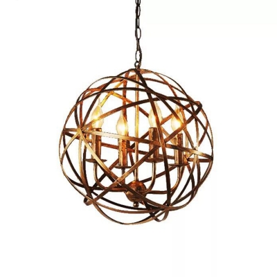 Industrial Bronze Chandelier 4 Lights Metal Hanging Light with Globe Cage for Kitchen Restaurant Barn