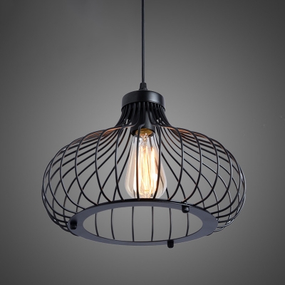 Loft Style Flask Shaped Pendant Lights Metal Caged 1 Bulb LED Ceiling Pendant for Foyer Porch in Black