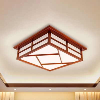 Wood Hollow Square Ceiling Mount Light Living Room Asian Style LED Ceiling Lamp in Red Brown