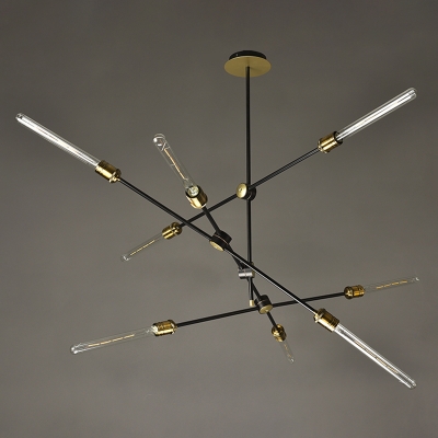 Black Iron Crossed Line Pendant Light Farmhouse Restaurant Chandelier with Open Bulb Design
