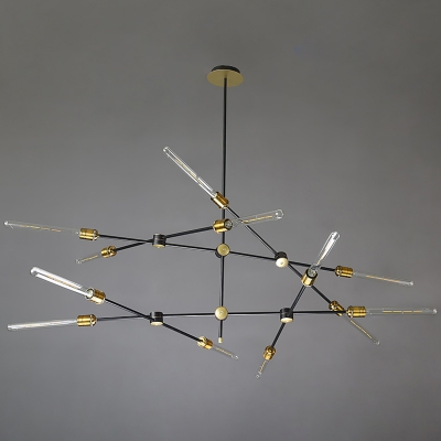 Black Iron Crossed Line Pendant Light Farmhouse Restaurant Chandelier with Open Bulb Design