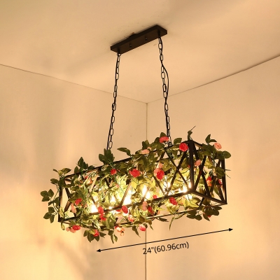 Black Island Pendant Lamp Country Bottle Cage Metal Suspension Light in Brown with Vine Deco