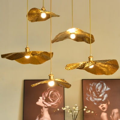 Metal Hammered Lotus Leaf Drop Pendant Creative Postmodern Single Light Bronze Hanging Light Fixture