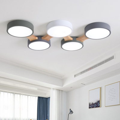 Round Shade Living Room Ceiling Light Wood Contemporary LED Semi Flush Light in 3 Colors Light