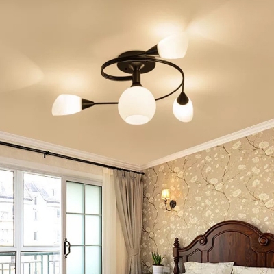 Swirl Semi Flush Mount Light Modern 13 Inchs Height White Glass Bedroom Ceiling Lamp in Black