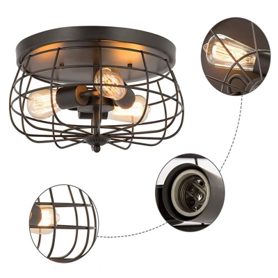 Vintage Industrial Style Ceiling Light Basket Cage Shade with 3 Light Flush Mount Ceiling Light for Bedroom