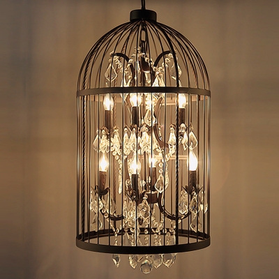 Wrought Iron Industrial Black Cage Shaped 18 Inchs Wide Bedroom Pendant with Crystal